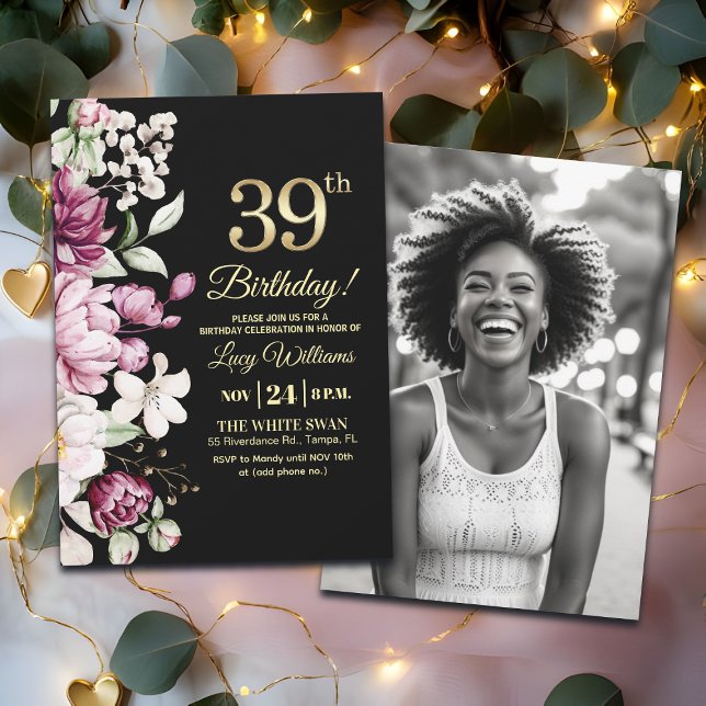 Elegant Floral Gold 39 Birthday Photo Invitation (Creator Uploaded)