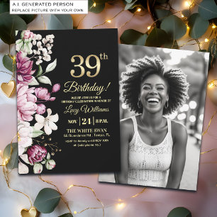 Elegant Floral Gold 39 Birthday Photo Invitation