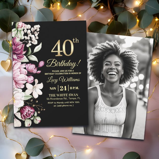 Elegant Floral Gold 40 Birthday Photo Invitation (Creator Uploaded)