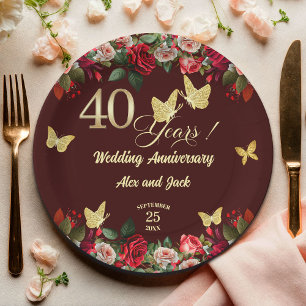 Elegant Floral Gold 40th Wedding Anniversary  Paper Plate