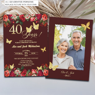 Elegant Floral Gold 40th Wedding Anniversary Photo Invitation