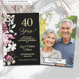 Elegant Floral Gold 40th Wedding Anniversary Photo Save The Date