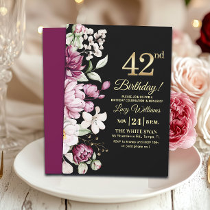 Elegant Floral Gold 42 Birthday Party Invitation