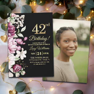 Elegant Floral Gold 42 Birthday Photo Invitation