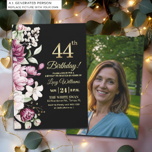 Elegant Floral Gold 44 Birthday Photo Invitation