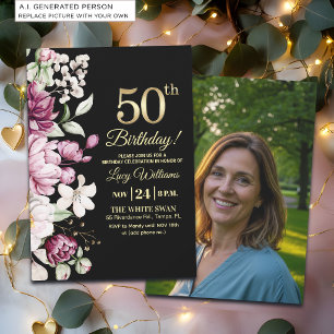 Elegant Floral Gold 50 Birthday Photo Invitation