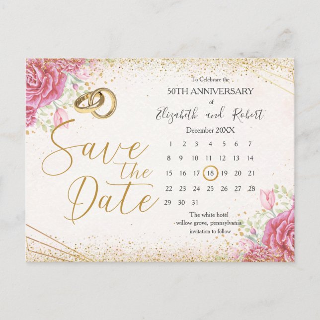 Elegant Floral Gold 50th Anniversary Save The Date Announcement Postcard (Front)