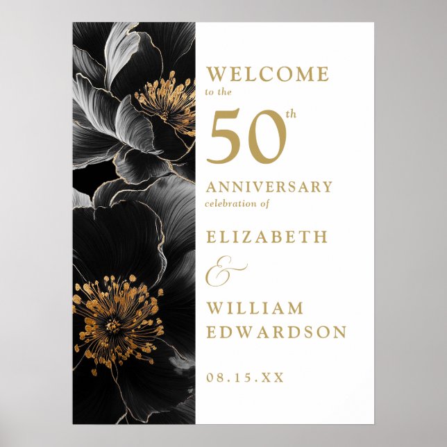 Elegant Floral Gold 50th Anniversary Welcome Sign (Front)