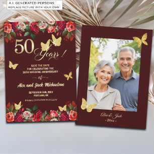 Elegant Floral Gold 50th Wedding Anniversary Photo Save The Date