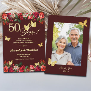 Elegant Floral Gold 50th Wedding Anniversary Photo Save The Date