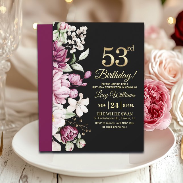 Elegant Floral Gold 53 Birthday Party Invitation (Creator Uploaded)