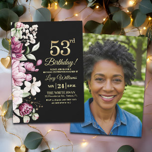 Elegant Floral Gold 53 Birthday Photo Invitation