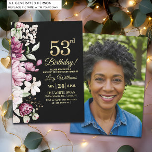 Elegant Floral Gold 53 Birthday Photo Invitation