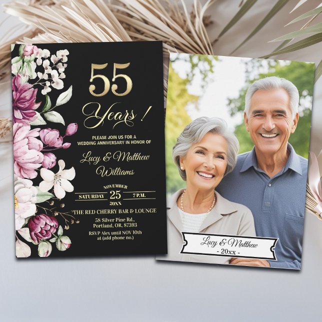 Elegant Floral Gold 55th Wedding Anniversary Photo Invitation (Creator Uploaded)