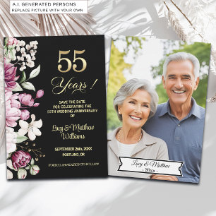 Elegant Floral Gold 55th Wedding Anniversary Photo Save The Date
