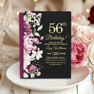 Elegant Floral Gold 56 Birthday Party Invitation