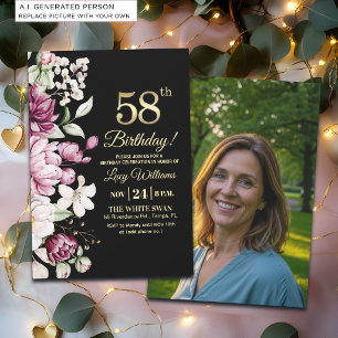 Elegant Floral Gold 58 Birthday Photo Invitation