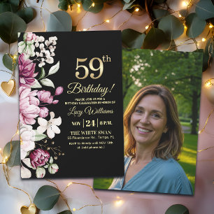 Elegant Floral Gold 59 Birthday Photo Invitation