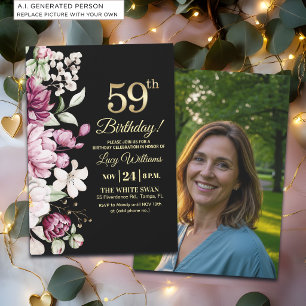 Elegant Floral Gold 59 Birthday Photo Invitation