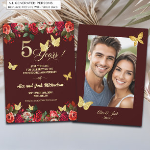Elegant Floral Gold 5th Wedding Anniversary Photo Save The Date