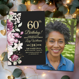 Elegant Floral Gold 60 Birthday Photo Invitation