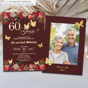 Elegant Floral Gold 60th Wedding Anniversary Photo Invitation