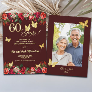 Elegant Floral Gold 60th Wedding Anniversary Photo Save The Date