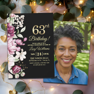 Elegant Floral Gold 63 Birthday Photo Invitation