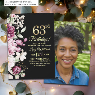 Elegant Floral Gold 63 Birthday Photo Invitation
