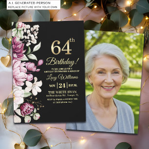 Elegant Floral Gold 64 Birthday Photo Invitation