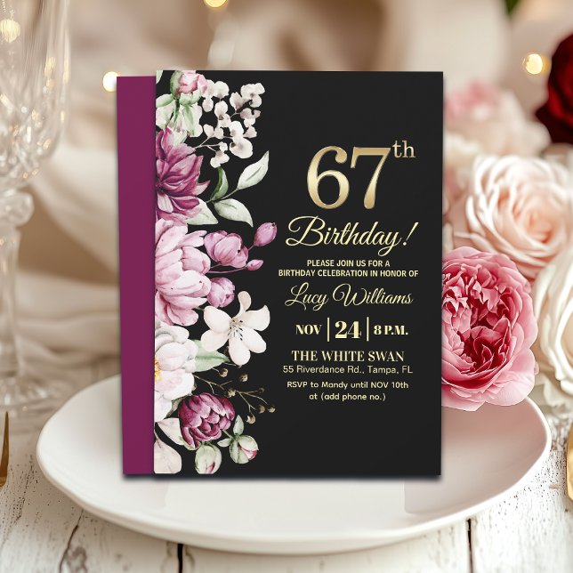 Elegant Floral Gold 67 Birthday Party Invitation (Creator Uploaded)