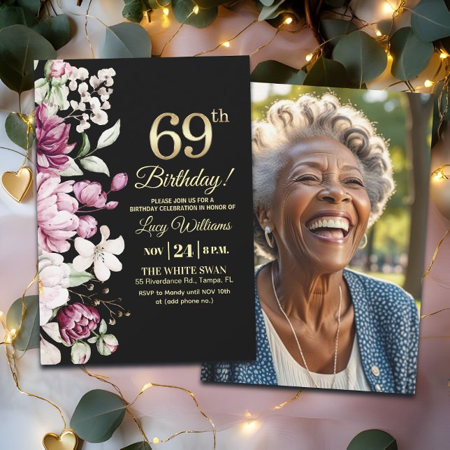 Elegant Floral Gold 69 Birthday Photo Invitation (Creator Uploaded)
