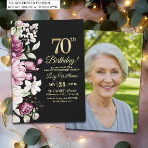 Elegant Floral Gold 70 Birthday Photo Invitation