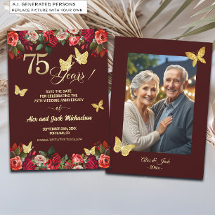 Elegant Floral Gold 75th Wedding Anniversary Photo Save The Date