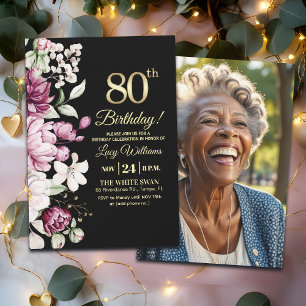 Elegant Floral Gold 80 Birthday Photo Invitation