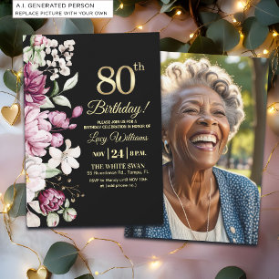 Elegant Floral Gold 80 Birthday Photo Invitation