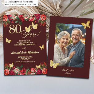 Elegant Floral Gold 80th Wedding Anniversary Photo Save The Date