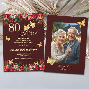 Elegant Floral Gold 80th Wedding Anniversary Photo Save The Date