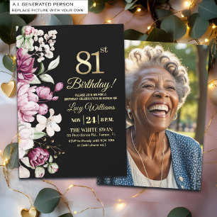 Elegant Floral Gold 81 Birthday Photo Invitation