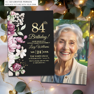 Elegant Floral Gold 84 Birthday Photo Invitation