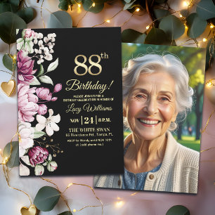 Elegant Floral Gold 88 Birthday Photo Invitation