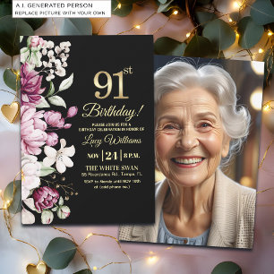 Elegant Floral Gold 91 Birthday Photo Invitation