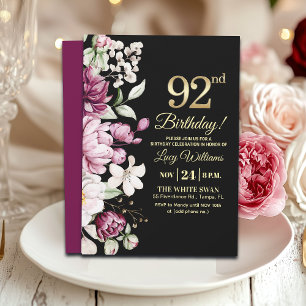 Elegant Floral Gold 92 Birthday Party Invitation