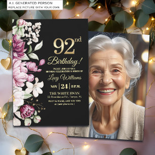 Elegant Floral Gold 92 Birthday Photo Invitation