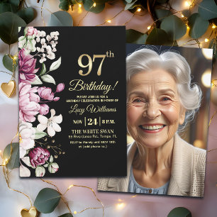 Elegant Floral Gold 97 Birthday Photo Invitation