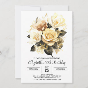 Elegant Floral Gold and Black 50th Birthday Invitation
