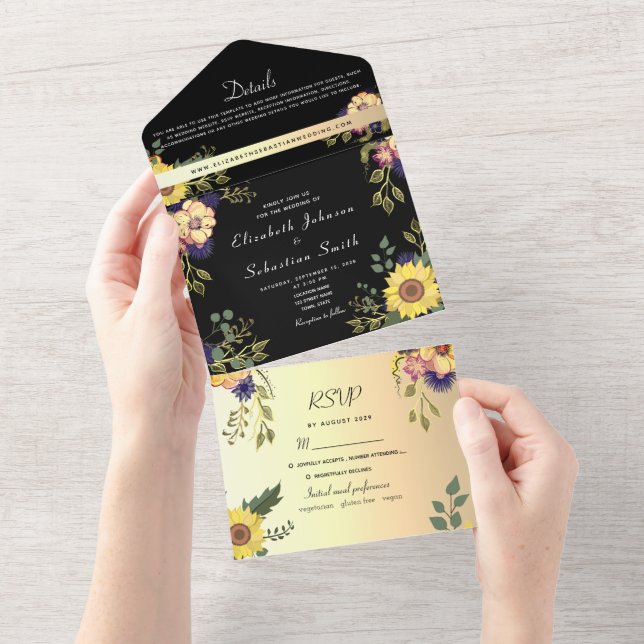 Elegant Floral Gold and Black Wedding All In One Invitation (Tearaway)