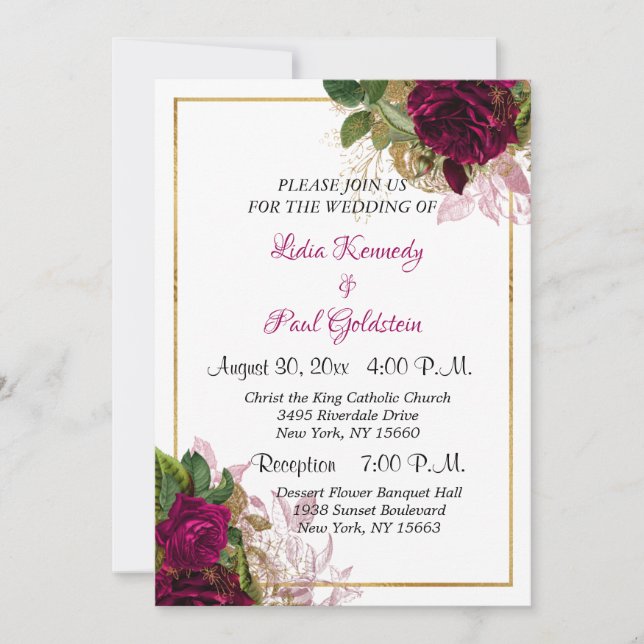 Elegant Floral Gold and Burgundy Roses Wedding Invitation (Front)