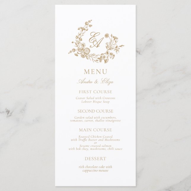 Elegant Floral Gold and White Monogram Wedding Menu (Front)