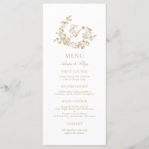 Elegant Floral Gold and White Monogram Wedding Menu